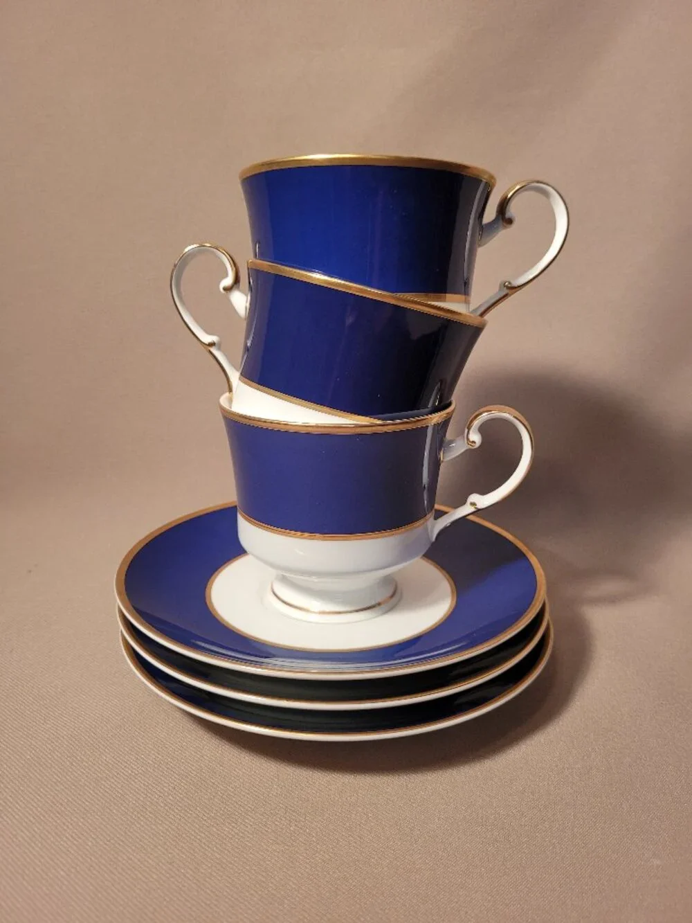 Mikasa Cathy Hardwick Cobalt Blue A6500 (Lot of 3) Cup & Saucer Sets EXCELLENT!